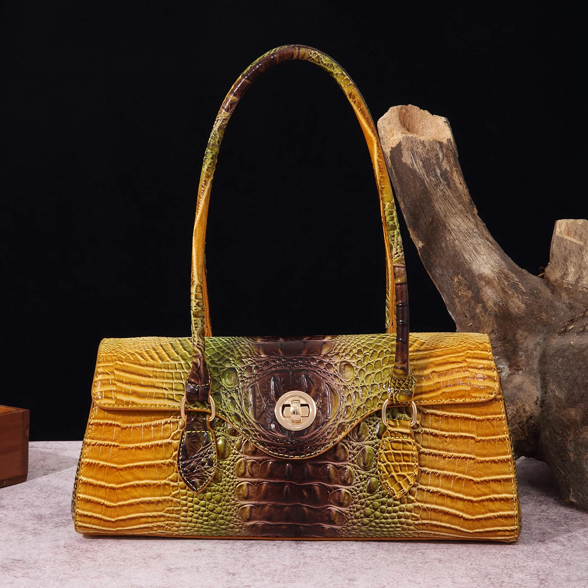 Multicolor Crocodile Pattern Fashion Handheld Stick Bag Large Capacity One Shoulder Underarm Bag Women's Luxury Handbag GoldfishBrown
