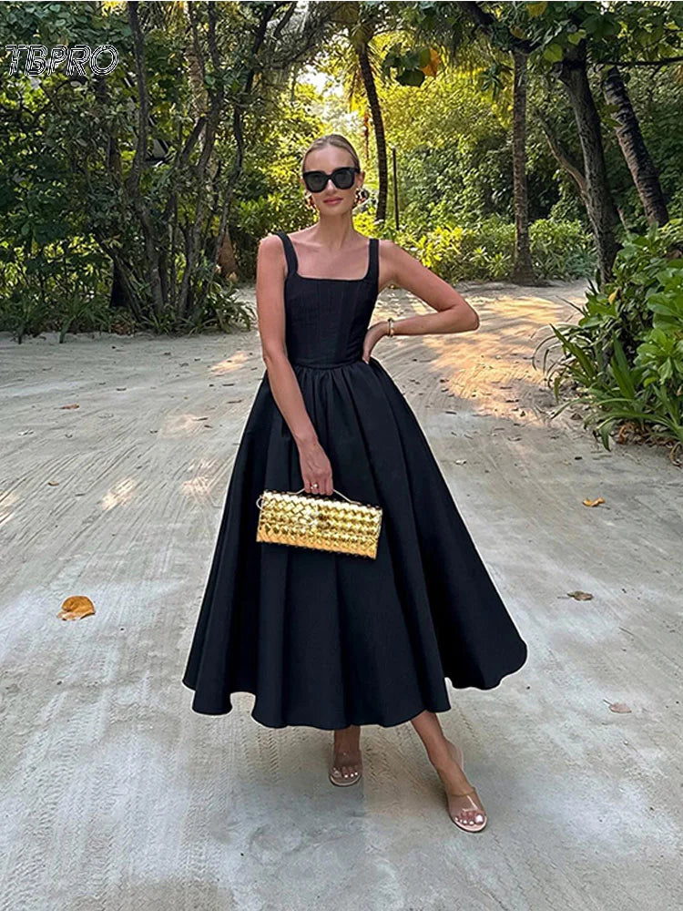 Stylish Spaghetti Strap Swing Dress For Ladies Elegant Off Shoulder Sleeveless Black Dresses Women Nightclub Party Vestidos