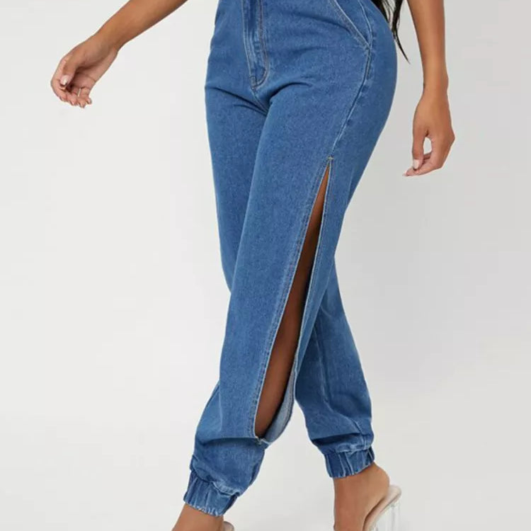 Fashion Side Of Leg Split Women's Jeans Loose Harem Pants Ladies Tie Feet Streetwear Jeans Casual Denim Pants