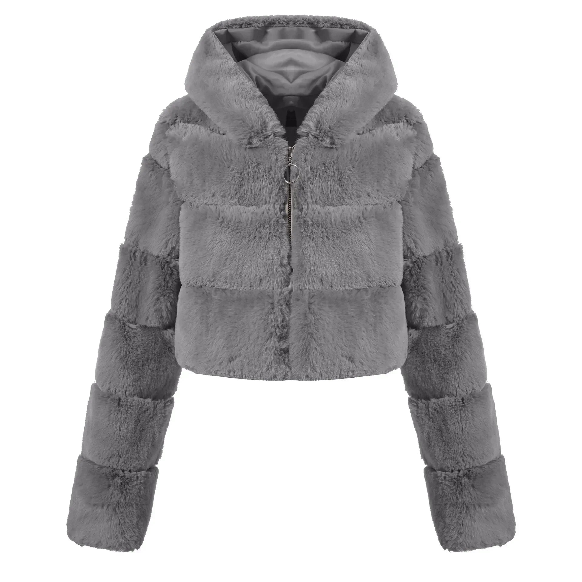 Winter Hooded Fluffy Jacket Women Faux Fur Coat Cropped Jacket Puffer Jacket Zip Up Winter Warm Fuzzy Teddy Coats Tops Outwear Gray