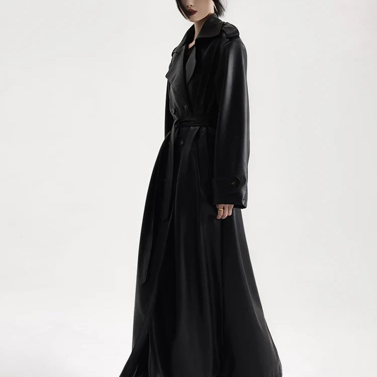 Spring Autumn Extra Long Black Soft Pu Leather Trench Coat for Women Double Breasted Loose Casual Korean Fashion 2024