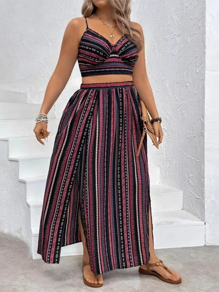 Plus Size Summer Striped Print 2 Two Piece Set Women Sexy Slim Ladies Cropped Sleeveless Slip Tops Split Loose Modis Woman Skirt
