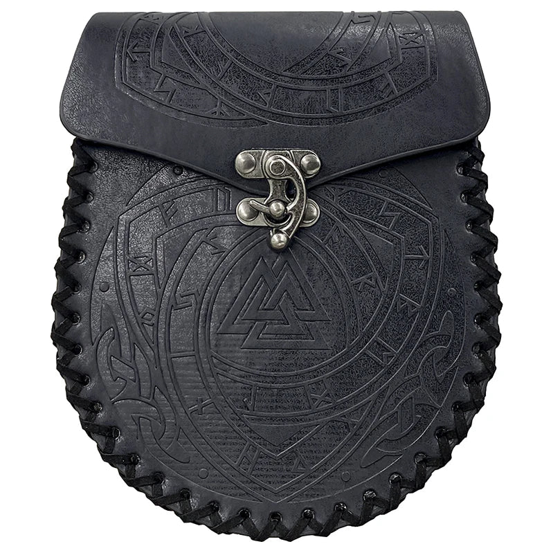 Leather Medieval Waist Pack, Vintage Handwork Belt Pouch Waist Bag Leather Belt Pouch Medieval Pouch Nordic Embossed Bag black4