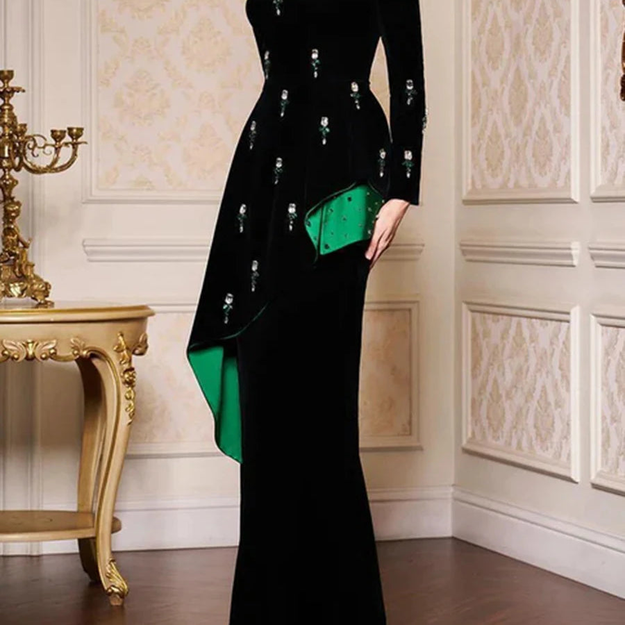 TWOTWINSTYLE Colorblock Spliced Bead Luxurious Two Piece Sets for Women Square Neck Long Sleeves Top High Waist Skirt Set Female