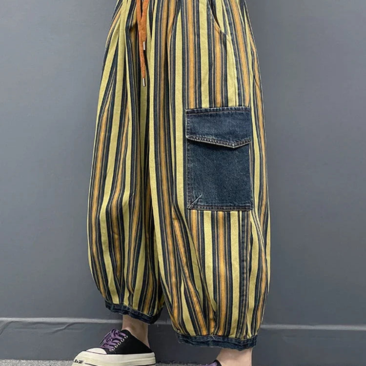 Spring Womens Fashion Striped Denim Wide Leg Pants Ladies Classic Loose Vintage Casual Jeans Females Punk Trousers