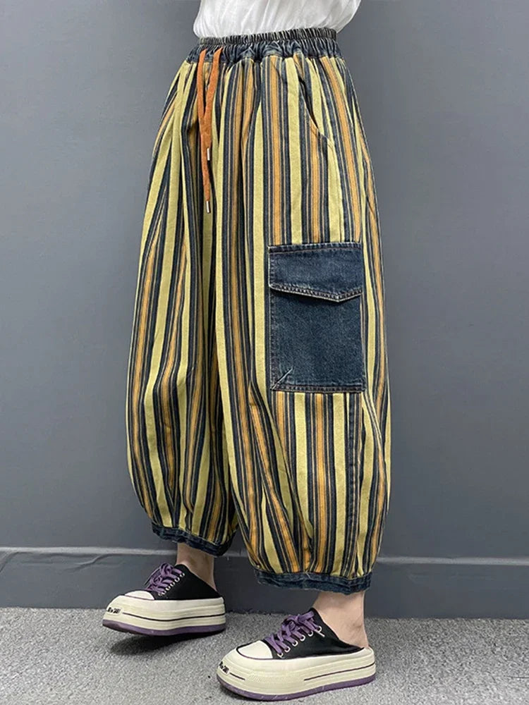 Spring Womens Fashion Striped Denim Wide Leg Pants Ladies Classic Loose Vintage Casual Jeans Females Punk Trousers