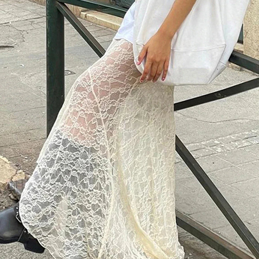 Women Lace Fishtail Skirt Casual for Beach Vacation See Through Mid-Waisted Maxi Skirts Women Autumn Spring