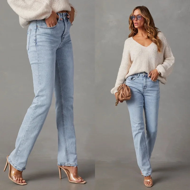 Women Blue Straight Denim Pants Female All-Match High Waist Vintage Zipper Jeans with Pockets