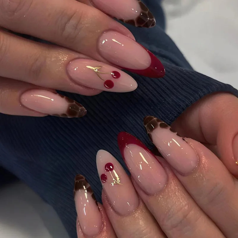 24pcs Shiny Power Design Press on Nails Autumn and Winter Wine Red Mid-length Almond False Nail Finished Love Pattern Fake Nails