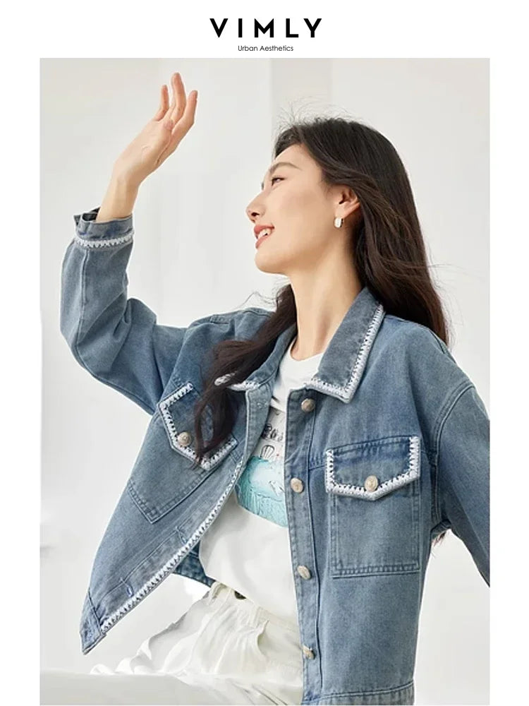 Vintage Lapel Long Sleeve Jean Jacket for Women Autumn Casual Straight Loose Denim Jackets Fall Female Clothing