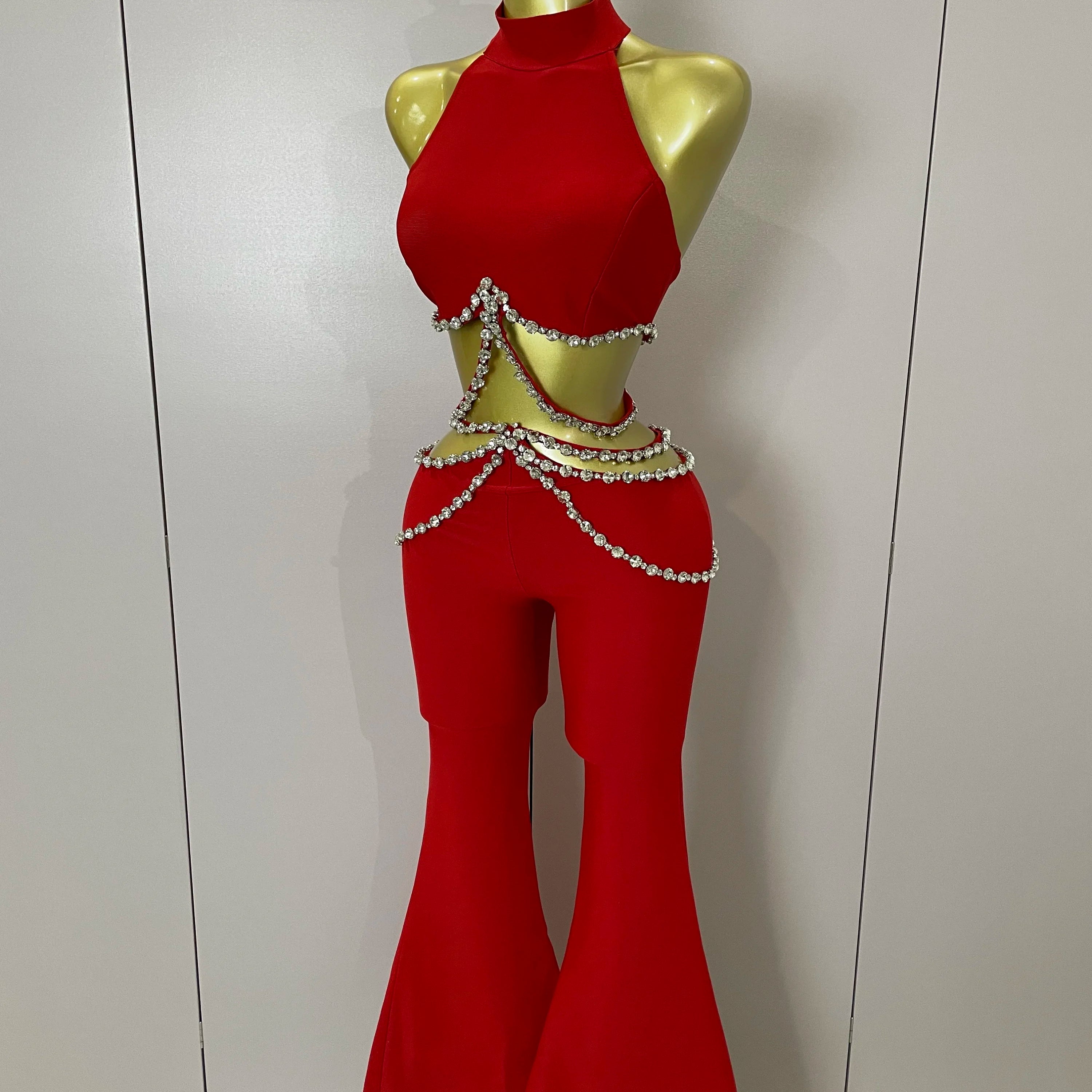 Luxury Rhinestone Red Sexy Cut Out Two Piece Pants Bandage Set 2025 Women Celebrity Designer Fashion Women's Set Stage Outfit