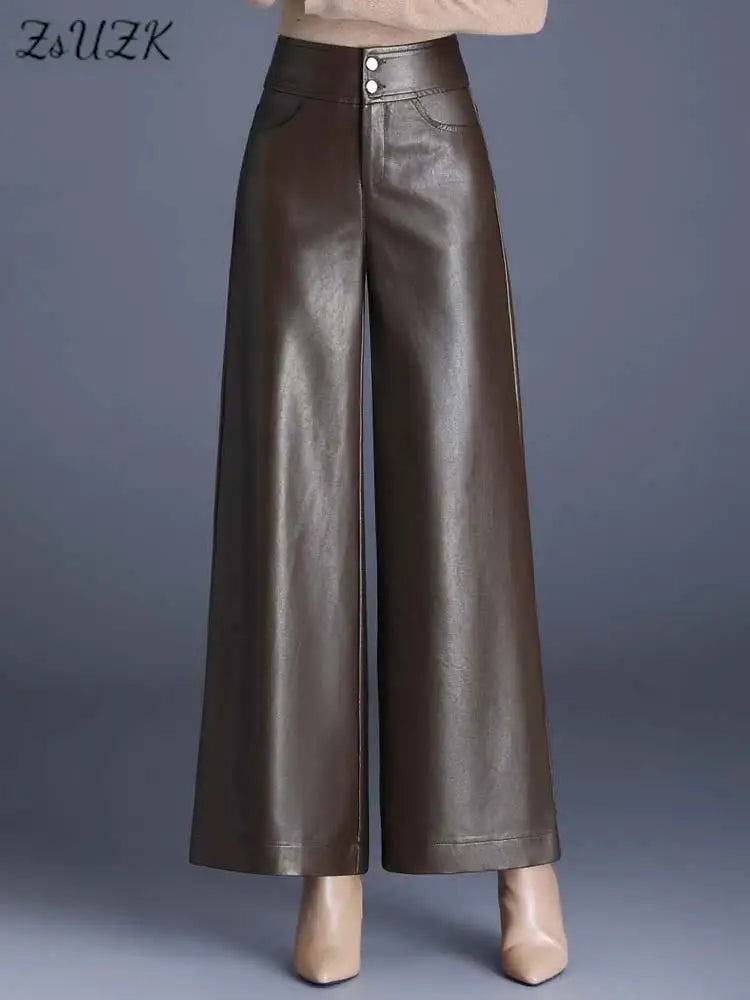 ZUZK High Quality Women PU Leather Wed Leg Pants Autumn Winter Fashion Warm Long Leather Pants Elegant LeatherTrousers