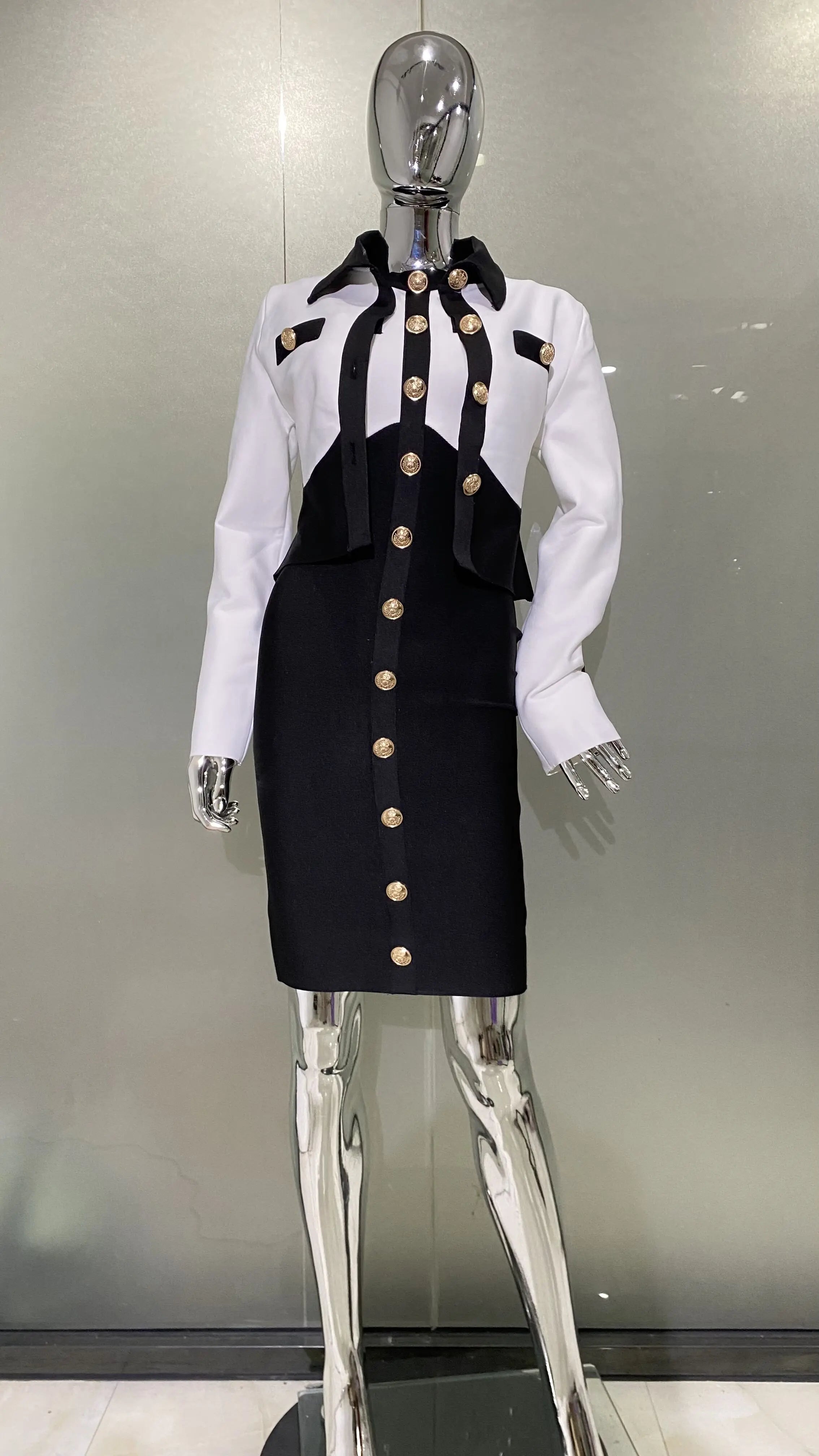 New Arrivals Fashionable Women's Bandage Set Golden Buttons White Patchwork Black Coat And Sleeveless Bodycon MIini Dress