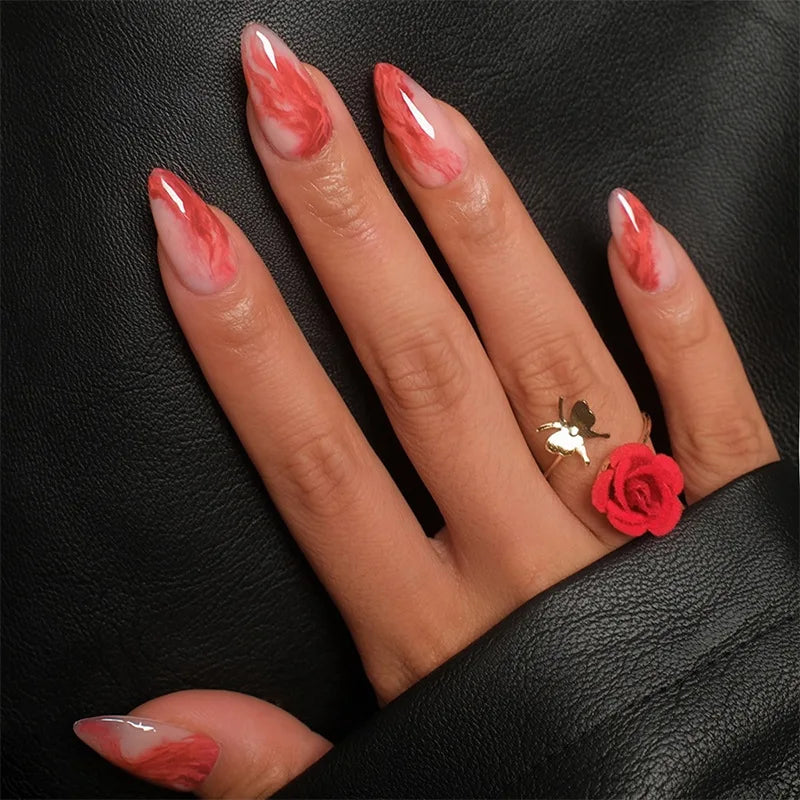 24Pcs Purple Heart Almond False Nails Artificial Simple with Glue French Wearable Fake Nails Full Cover Press on Nails Tips Art