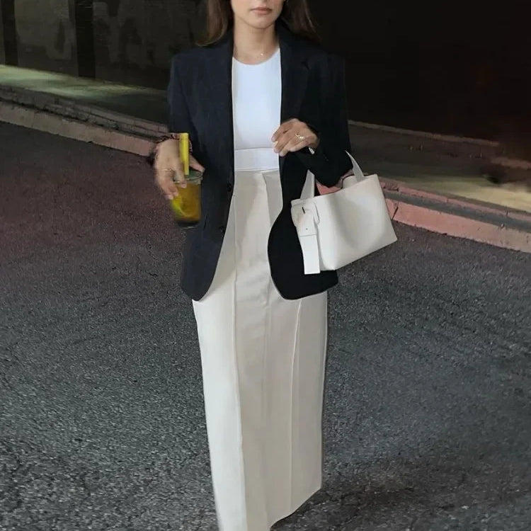 Patchwork High Waist Slim Long Skirt Female Solid High Street Elegant Fashion Seamless Vintage White Women's Maxi Skirt