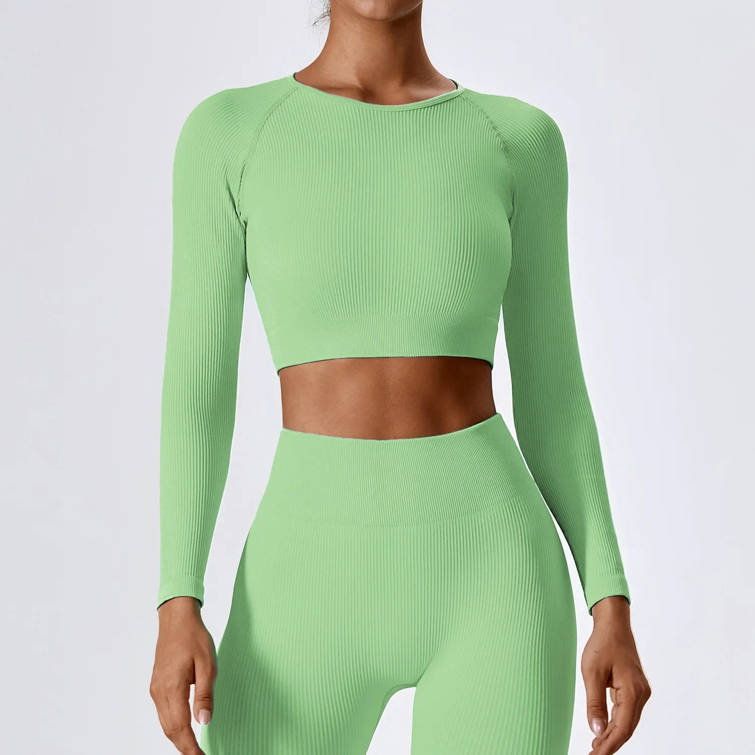 Women's Long Sleeve Top Ribbed Yoga Shirts Running T-Shirt Workout Running Fitness Gym Sports Top Training Crop Top Solidcolor Avocado green CHINA