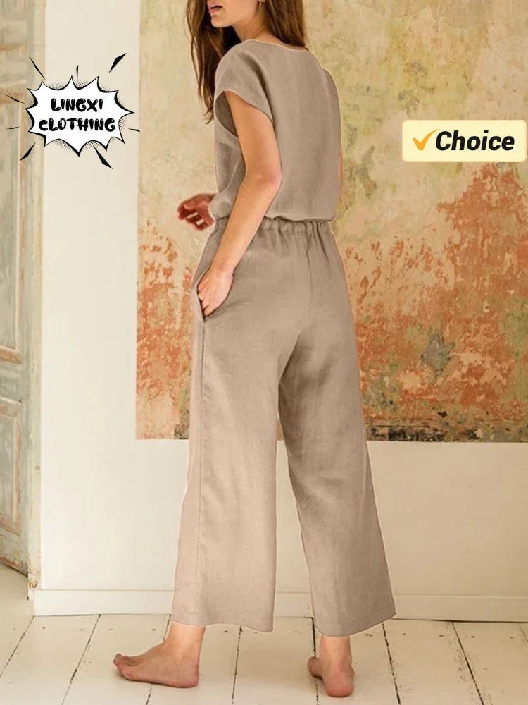 2024 New Matching Series Plus Size Women's Clothing Set Fashion Cotton and Hemp Short Sleeved Shirt Wide Leg Pants Two Piece Set