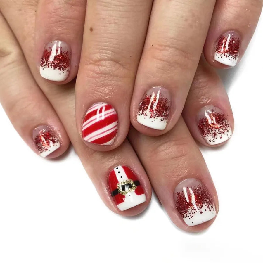 24Pcs Christmas French Fake Nail with Snowflake Design Glitter Pink Full Cover Nail Tip Xmas Short Wearable Press on False Nails