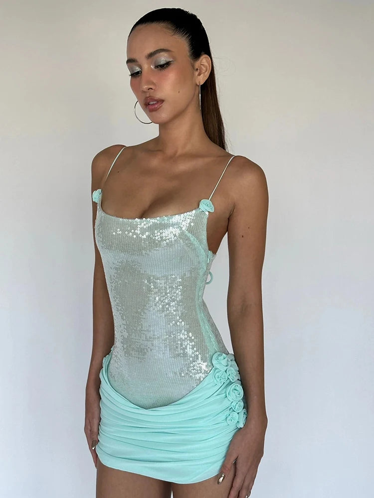 VC Sparkling Sequin Embellished Strappy Mini Dress for a Glitzy Party Night Gown
