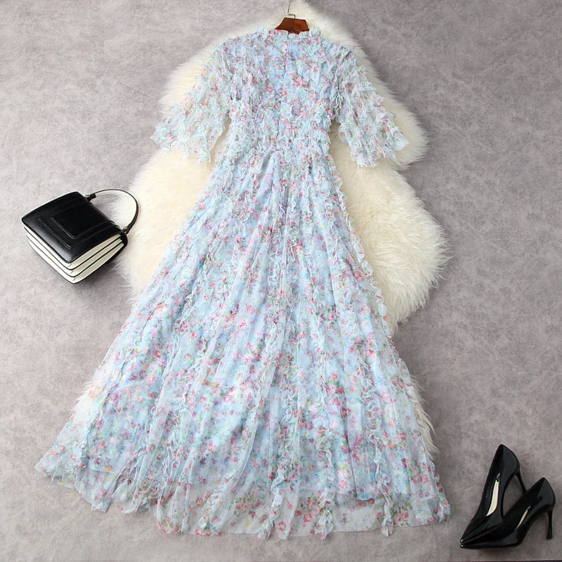 Luxury Ruffles Layered Floral Print Mesh Long Dresses for Women Party Evening Gown Elegant Spring Designer Maxi Dress