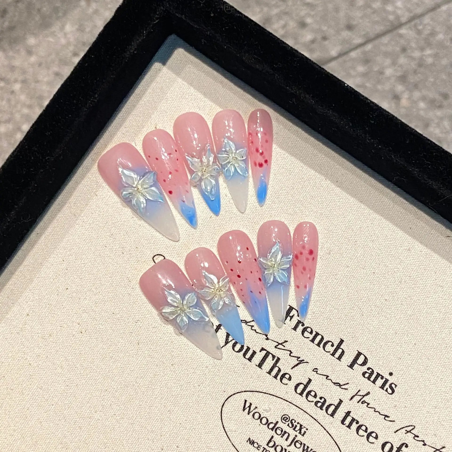10Pcs Long Stiletto Cat Eye Handmade Gel Nails Press Ons Sweet Cool Leopard Print False Nail Shiny Diamond French Fake Nail Tips