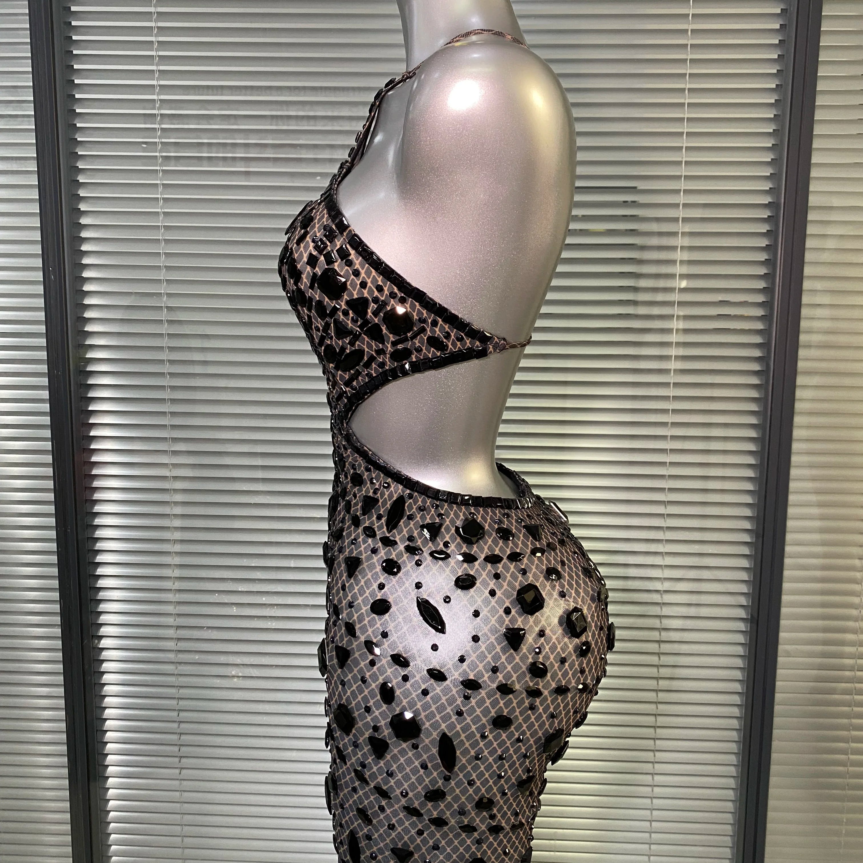 Women Sexy See Through Mesh One Shoulder Backless Brown Costume Stage Dancer Singer Fancy Night Club Mini Party Dress