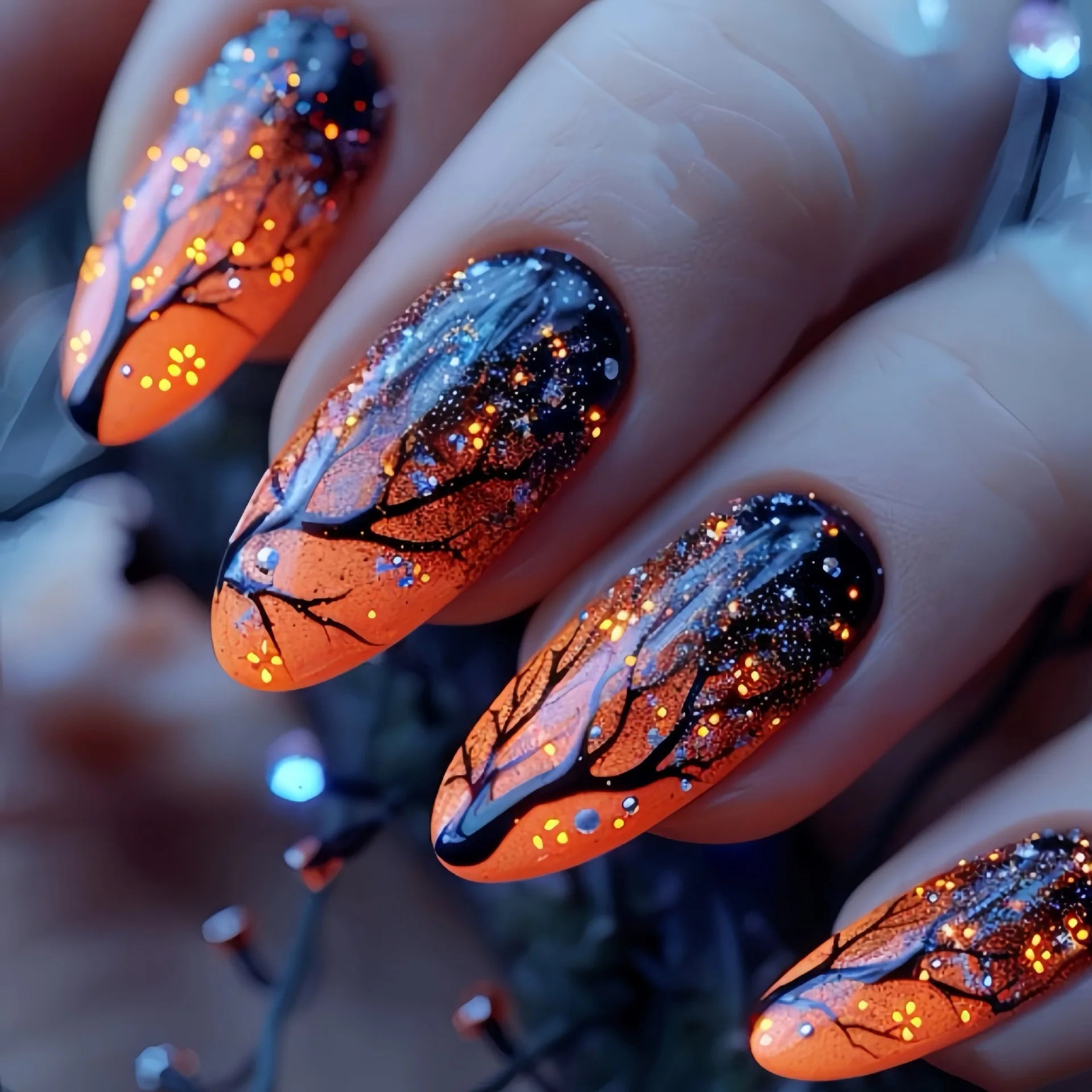 Short middle square ballet fake nails sparkling plant flowers maple leaves gradient Peacock feathers press on false nails set