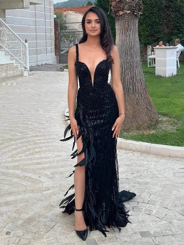 VC Black Pearls Long Dress Spaghetti Straps Sweetheart Neck Feathers Embellished Split Sequins Party Evening Gown With Gloves