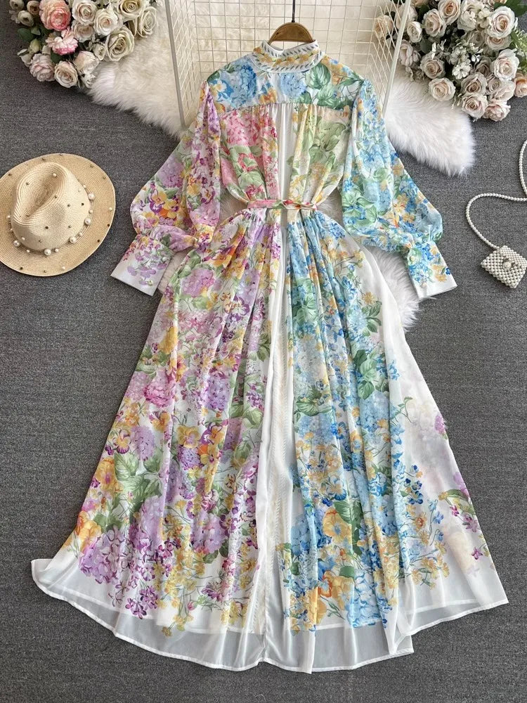 Fashion Bohemain Flower Maxi Dress Women's Stand Long Lantern Sleeve Single Breasted Floral Print Lace Up Loose Boho Robe