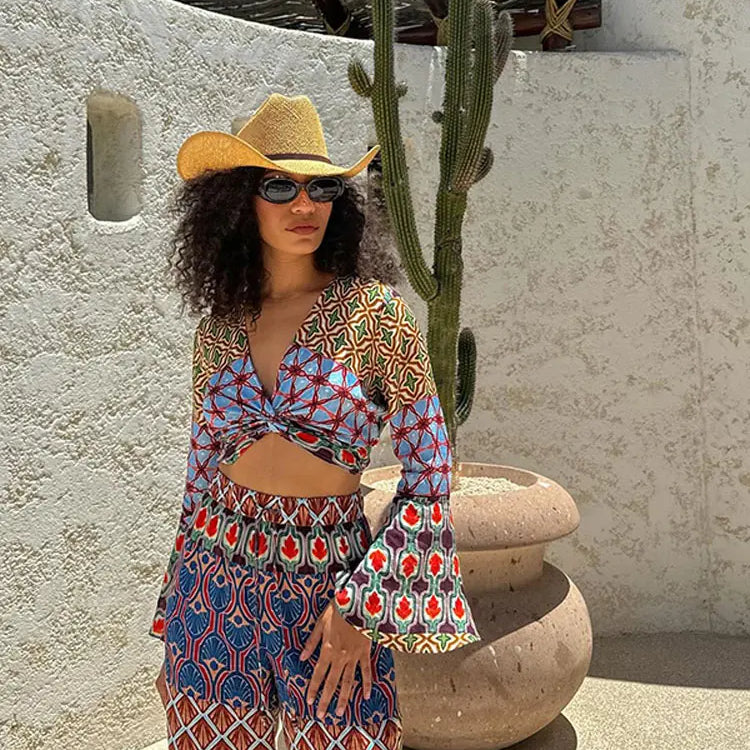 Fashion Vintage Print Long Flare Sleeve Top Wide Leg Pants Suit Elegant Women V Neck Crop Tops Elastic Waist Trousers Set Outfit