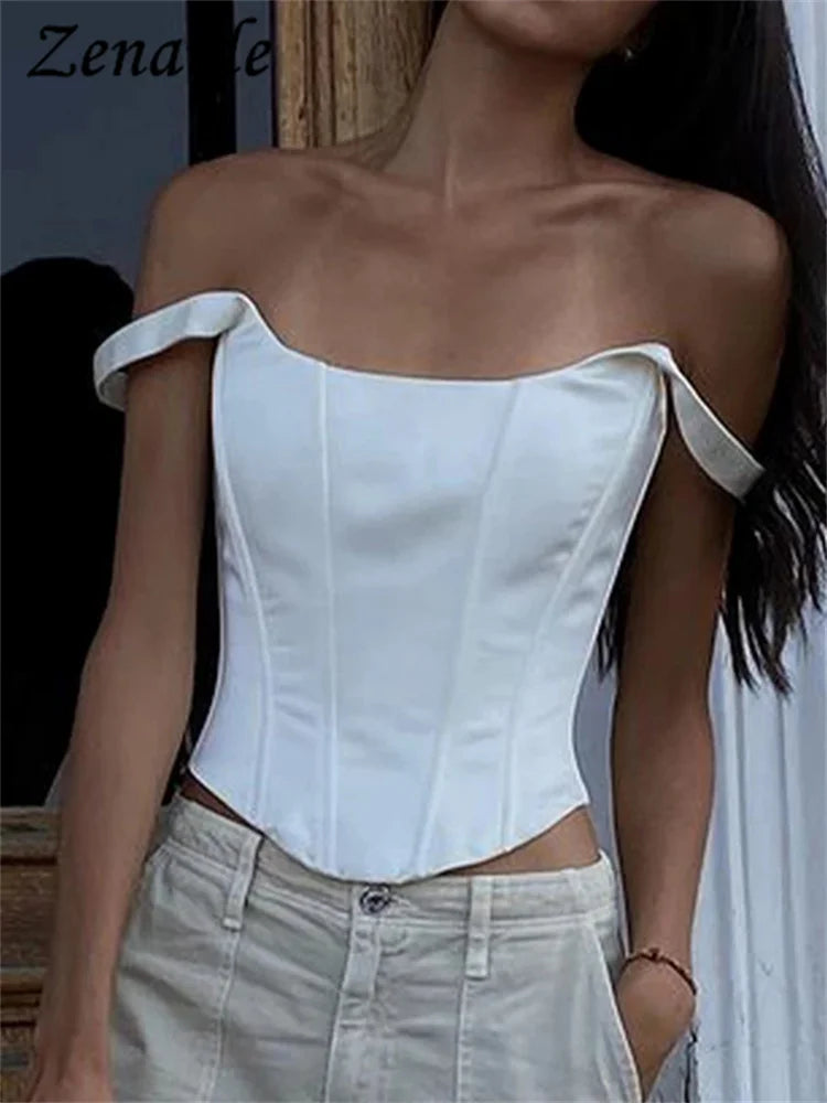 Zenaide Sexy Square Neck Satin Corset Crop Tops Summer Women Sleeveless Bandage Tank Top Camis Party Club 2023 White