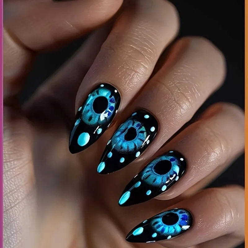 24pcs/set Short Medium fake nails for Halloween party Dead trees and crows bat Night sky Square almond tips press on false nail