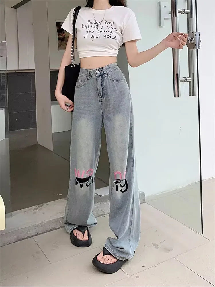 Y2K American Retro Gothic High Waist Perforated Women's Summer New High Street Loose Letter Embroidered Wide Legs