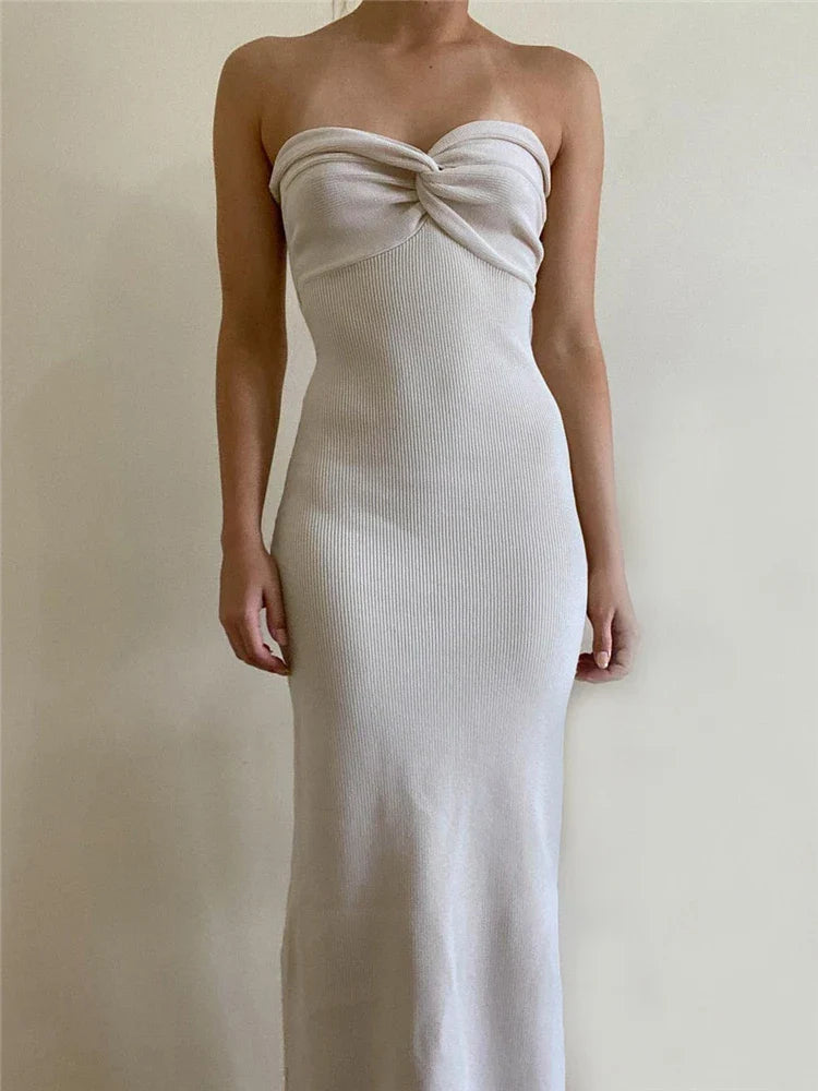 Tossy Strapless Knit Maxi Dresses For Women Summer Beach Party Bodycon Dress Off-Shoulder Twist Knitting Evening Backless Dress White