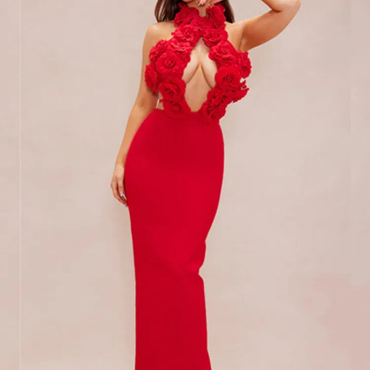 Vestido longo feminino sexy, estilo celebridade, frente única, com decote em V, sem costas, flor vermelha, maxi, bandagem justa, elegante, roupa para festa noturna, 2025