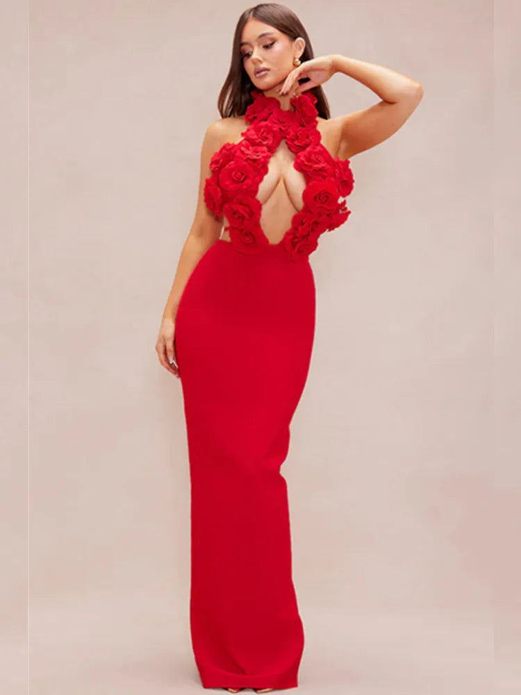 Vestido longo feminino sexy, estilo celebridade, frente única, com decote em V, sem costas, flor vermelha, maxi, bandagem justa, elegante, roupa para festa noturna, 2025