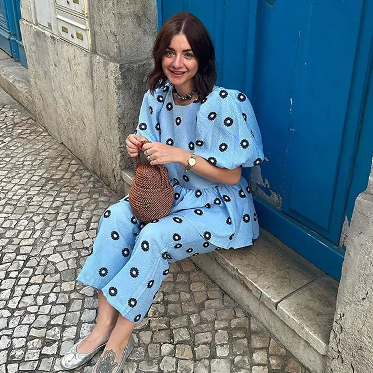 Women Print Ruffles Shirts 2 Pcs Sets Fashion Short Puff Sleeve Round Neck Tops High Waist Pant Suits New Lady Commuting Outfit