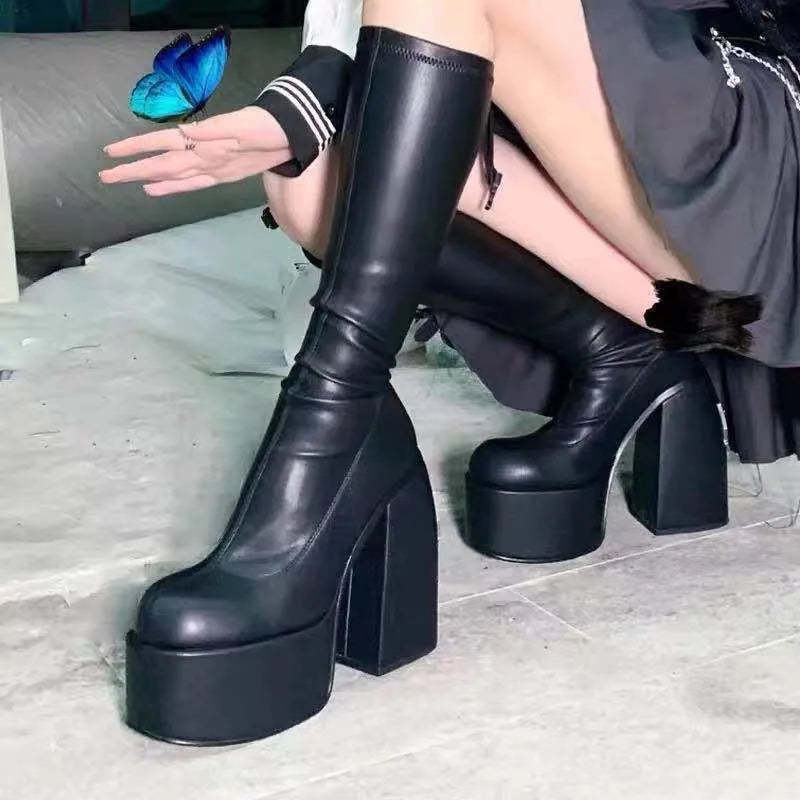 Women Punk Style Autumn Winter Chunky Platform High Boot Party Shoes Ladies Black Thick Heels Elastic Knee High Boots mid-calf