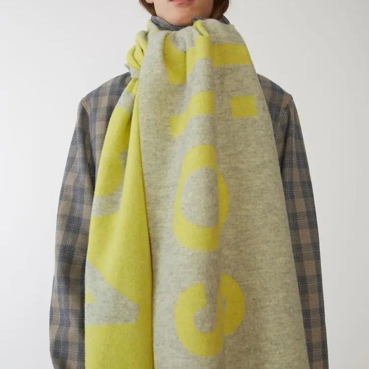 Winter Thickened Letter Shawl for Women Thermal Warm Resistant Wool Scarf Outdoor Fashion Versatile Windproof Women Accessories AC Letter-Lime Green 70X210