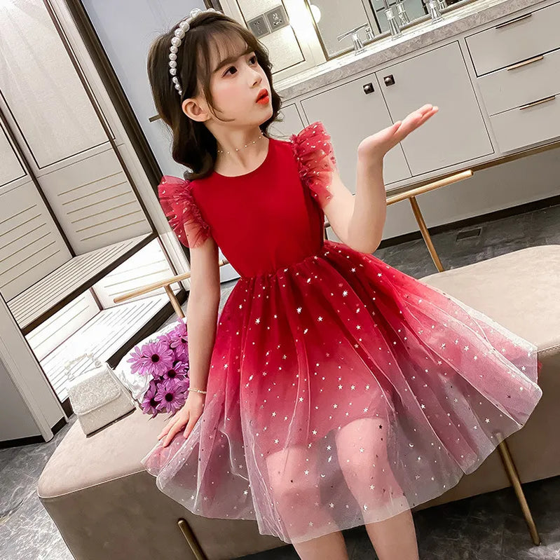 Summer Girl Dress Princess Star Sleeveless Tulle Tutu Dress for 4-8Y Kids Birthday Party Shaggy Dress Child Clothes Red
