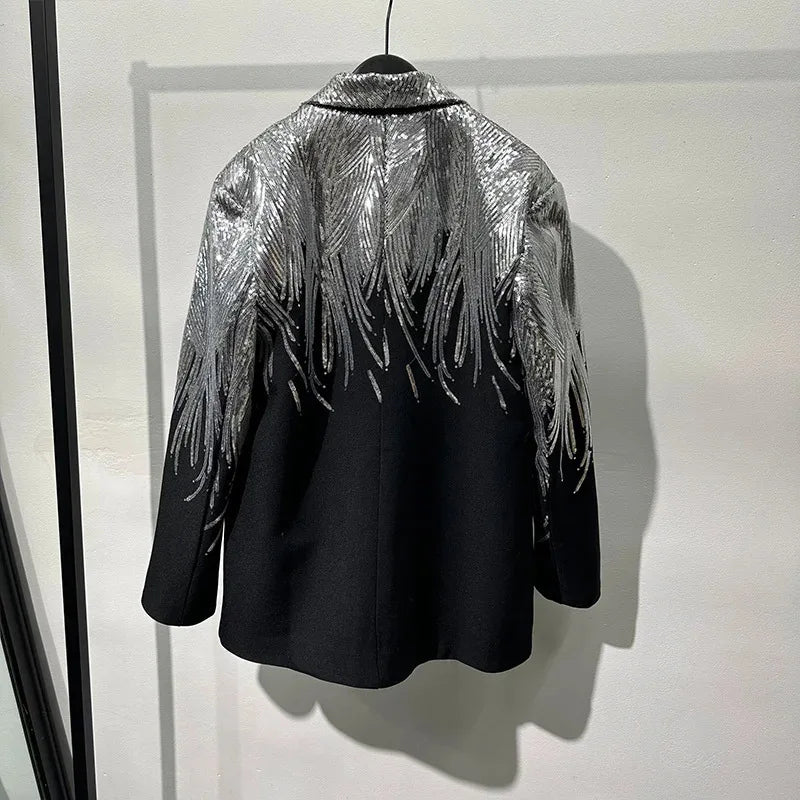 TWOTWINSTYLE Solid Spliced Sequins Elegant Jackets for Women Lapel Long Sleeves Patchwork Single Breasted Jacket Female Fashion