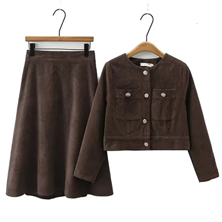 Plus Size Women's Clothing Spring And Autumn Suit Long-Sleeved Short Jacket In Corduroy Fabric And Knee Length Skirt Combination