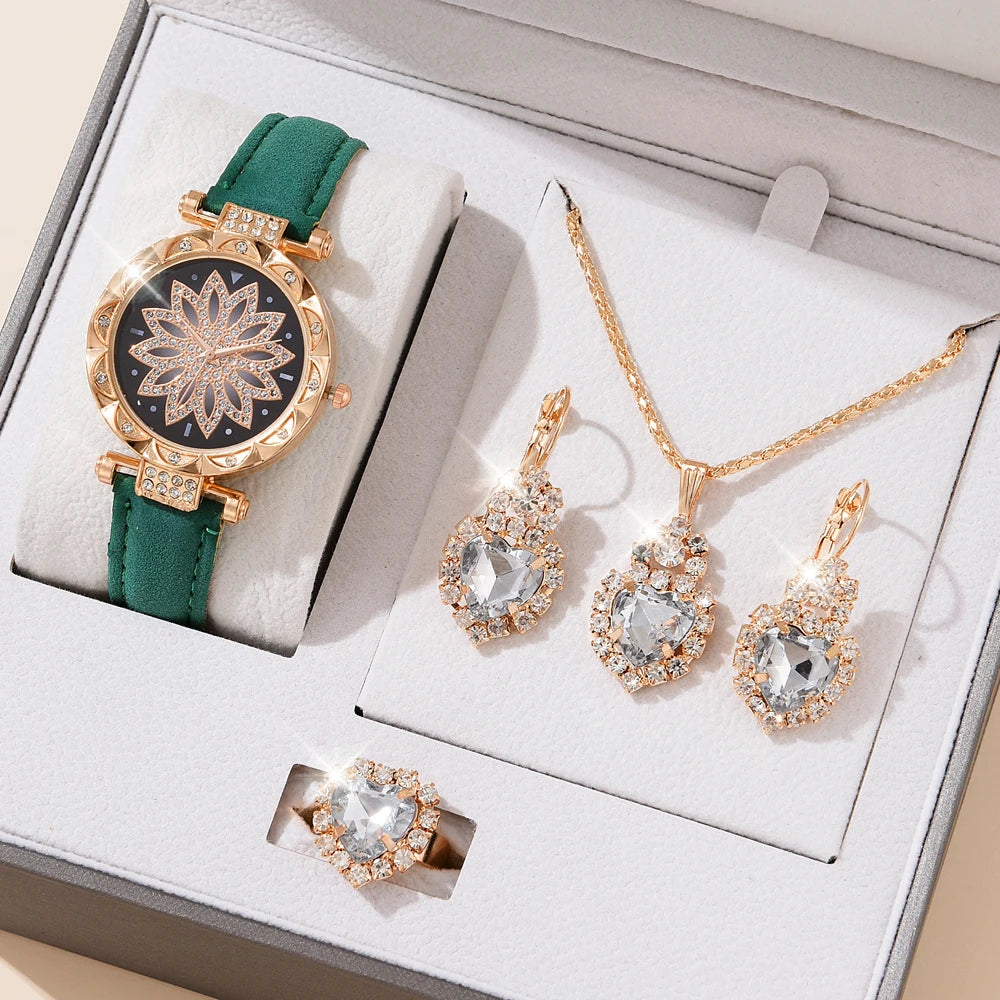 5pcs Set Watches Women Leather Band Ladies Watch Simple Casual Women's Analog WristWatch Bracelet Gift Montre Femme 5pcs set green A