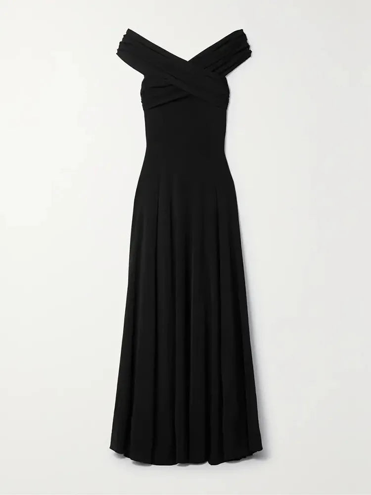 Solid Minimalist A Line Dresses For Women Slash Neck High Waist Patchwork Folds Slimming Dress Female Fashion New