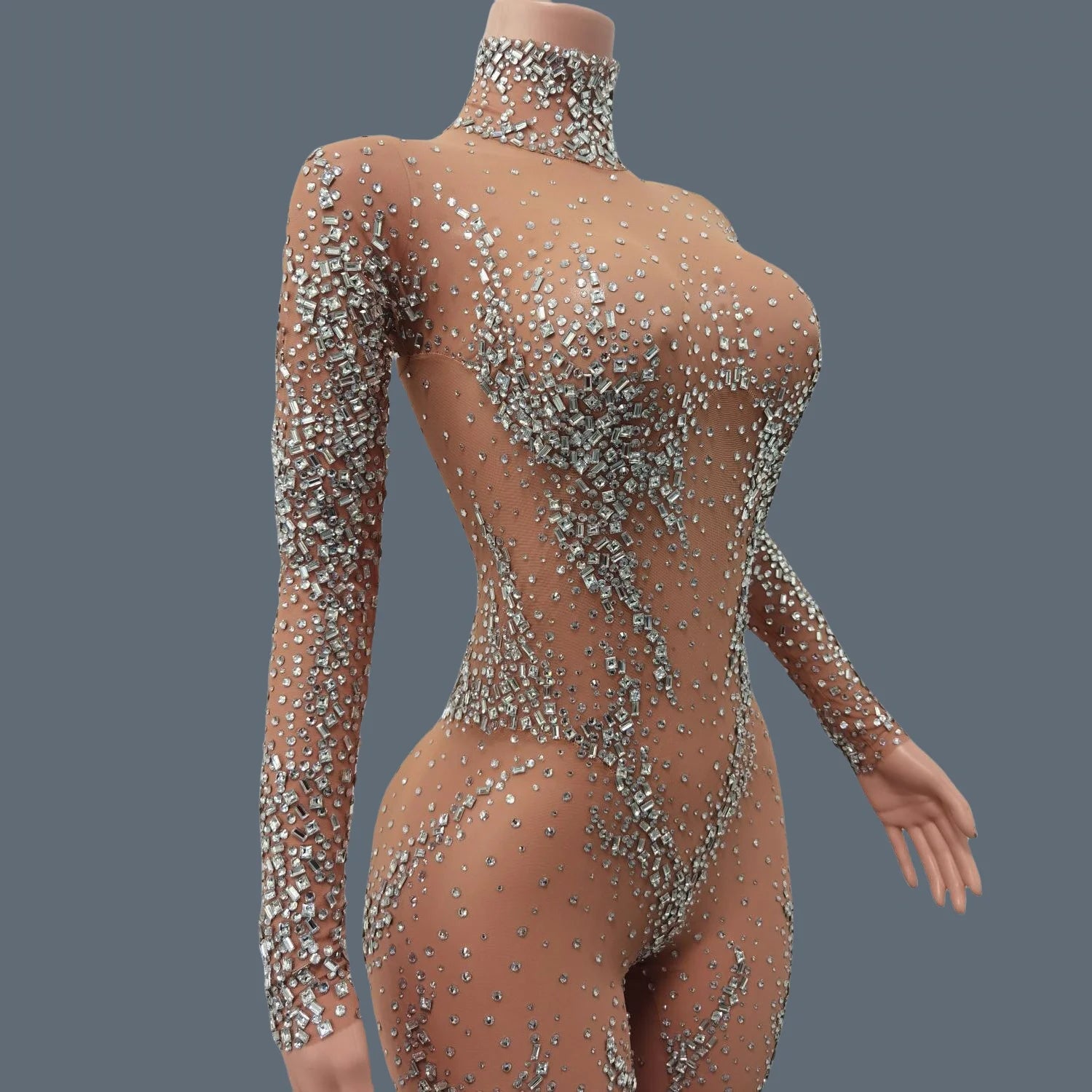 Luxurious Sparkly Crystals Skinny Sheer Mesh Jumpsuit for Women Birthday Party Female Singer Show Stage High-end Sexy Jumpsuit