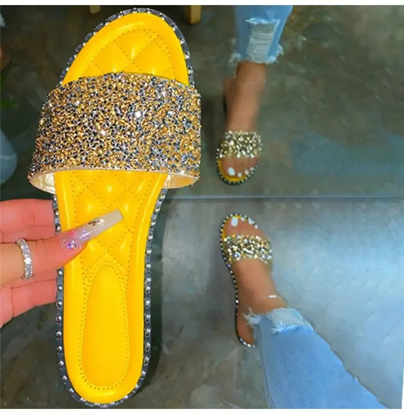 Women Crystal Slippers Ladies Bling Flats Female Fashion Outdoor Beach Shoes Female Footwear Women Summer Slides Plus Size yellow