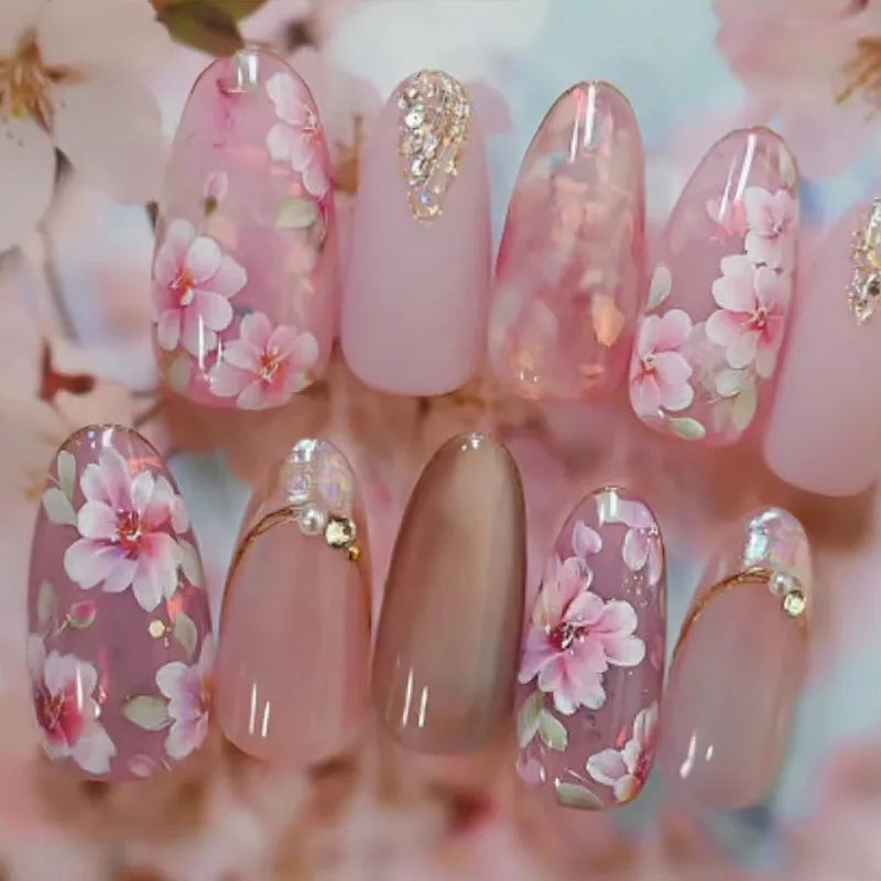 24pcs/30pcs/set Medium long 3D fake nails flowers golden foil bow rhinestones pink white summer nail tips press on false nails