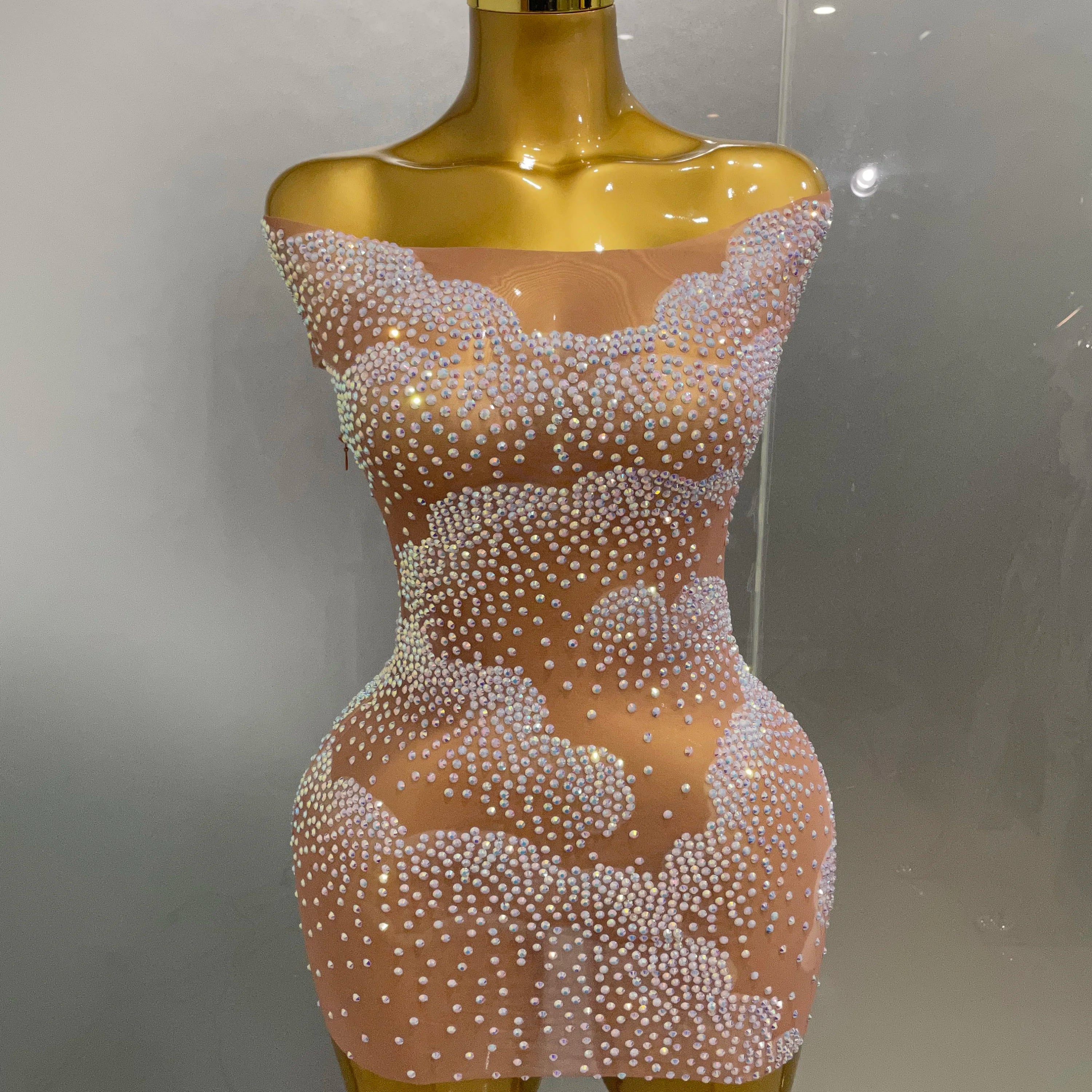 Sexy Sparkle Rhinestone Transparent Stretch Mini Dress 2025 New Women Evening Birthday Party Club Stage Performance Costume