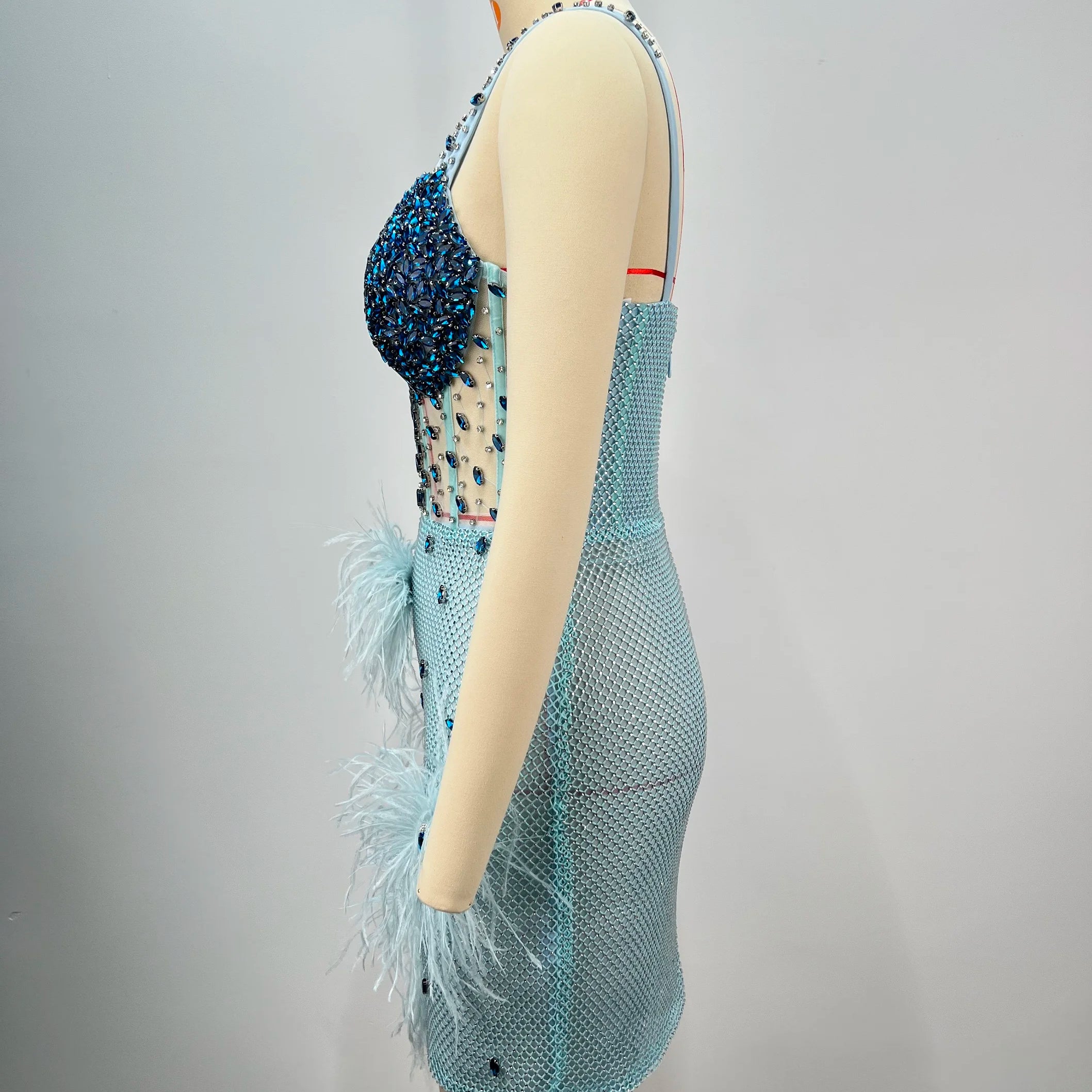 Luxury Feather Dazzling Diamonds Sexy Mesh See Through Light Blue Mini Dress Celebrity Birthday Party Dress Performance Costume