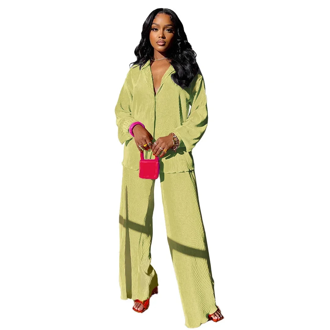 CM.YAYA Street Women's Set Long Sleeve Shirt Tops and Wide Leg Pants Elegant Tracksuit Two Piece Set Sweatsuit Fitness Outfits